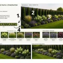 Inspiracja na rabatę przy płocie: żywopłot z tuj, hortensje, trawy ozdobne i kwitnące byliny tworzą piękną kompozycję.