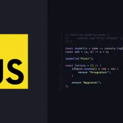 Logo JS obok kodu w JavaScript, który zawiera funkcje powitalne i prostą loterię.