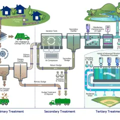 Schéma illustrant comment fonctionne un WC : traitement des eaux usées, du primaire au tertiaire, avec filtration et désinfection pour un rejet propre.