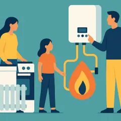 Famiglia vicino a caldaia e fornelli, con fiamma che simboleggia il consumo di gas. Si interrogano: quanti metri cubi di gas si consumano in un mese?