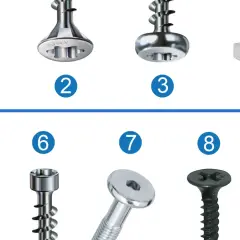Verschiedene schrauben arten, von links nach rechts: 1-3 und 5-9 sind Holzschrauben mit unterschiedlichen Köpfen, 4 ist eine Maschinenschraube.