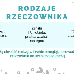 Rodzaje rzeczownika: męski (ten), żeński (ta), nijaki (to). Przykłady: chłopiec, kobieta, dziecko.