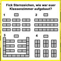 Vier verschiedene Sitzordnungen für ein Klassenzimmer werden gezeigt. Welche passt zu deinem Sternzeichen? Psychologie der Sitzordnung in der Schule.