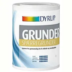En burk med DYRUP SPÆRREGRUNDER, en primer grundfärg som blockerar fläckar från nikotin och vatten.