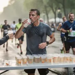 Un coureur assoiffé boit à une station de ravitaillement, essentiel pour l'hydratation marathon. D'autres coureurs en arrière-plan poursuivent leur course.