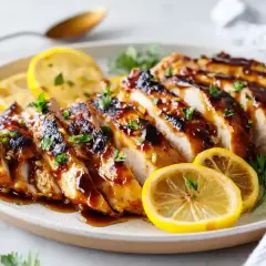 Saftig kycklingfilé, skuren i skivor och glaserad med en läcker marinad. Garnerad med citronklyftor och färsk persilja.