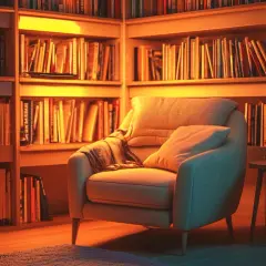 Gemütlicher Sessel mit Kissen und Decke, umgeben von Bücherregalen. Ein perfekter Ort, um den Sessel zu dekorieren und in Büchern zu versinken.