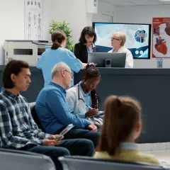 Persone in attesa in una sala d'attesa medica, mentre il personale discute di finanziamenti per aprire un poliambulatorio.