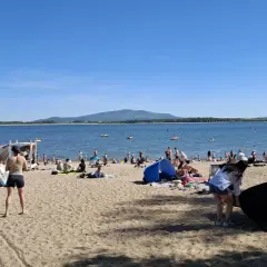 Słoneczny dzień nad jeziorem Mietkowskim. Ludzie odpoczywają na plaży, niektórzy kąpią się w wodzie.