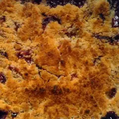 Delicioso crumble de ciruelas recién horneado, con una capa dorada y crujiente sobre la fruta jugosa.