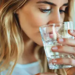 Kobieta pije wodę z wapnem. Orzeźwiający napój, który dodaje energii.