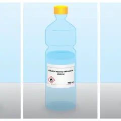 Trzy butelki z płynami: spirytus rektyfikowany, alkohol etylowy całkowicie skażony (denaturat) i metanol.
