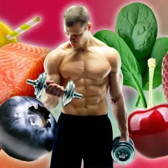 Un homme musclé soulève des haltères entouré d'aliments sains : saumon, baies, épinards, smoothie. Un régime anti inflammatoire naturel pour la performance.