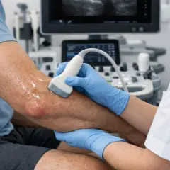 Lekarz wykonuje usg łokcia pacjenta, używając żelu i sondy. Na ekranie widoczny jest obraz diagnostyczny.