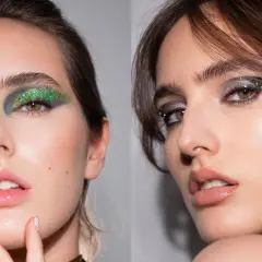 Dos looks de maquillaje de ojos para Navidad: uno con glitter verde y azul, otro con sombras plateadas y pedrería.