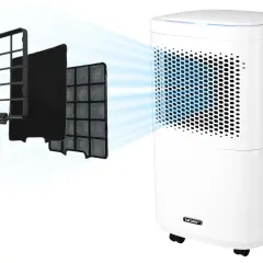 Biały oczyszczacz powietrza z widocznymi filtrami. Czy oczyszczacz powietrza wysusza powietrze? Ten model filtruje powietrze, nie wysuszając go.