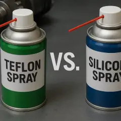 Smar PTFE do czego? Dwa spraye: zielony z napisem "Teflon Spray" i niebieski "Silicone Spray", porównanie zastosowań.