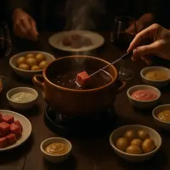 Une fondue sans vin, avec des dés de viande, des pommes de terre, du pain et des sauces.