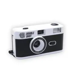 A white and black half frame camera with "DOUBLE FILM SHOT" text.