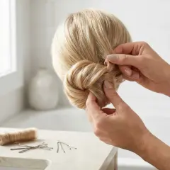 Händer formar en elegant knut i blont hår. Hårnålar och garnrulle ligger på bänken.
