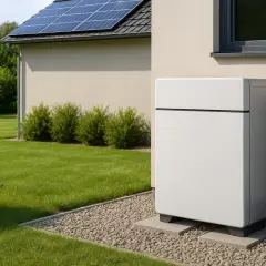 Nowoczesny magazyn energii do fotowoltaiki 10 kW stoi obok domu z panelami słonecznymi.