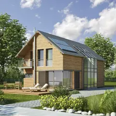 Maison moderne en bois avec panneaux solaires sur le toit, offrant une isolation optimale pour une maison passive. Jardin verdoyant et terrasse invitante.