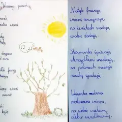 Ręcznie pisany wiersz o wiośnie z rysunkami drzewa, słońca, ptaków i motyli.