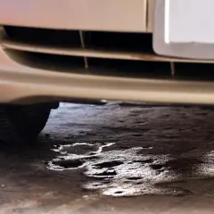 Plama pod samochodem z przodu, prawdopodobnie wyciek płynu chłodniczego lub oleju.