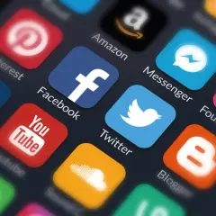 Ikony popularnych aplikacji do mediów społecznościowych: Facebook, Twitter, YouTube, Pinterest, Amazon, Messenger, Blogger.