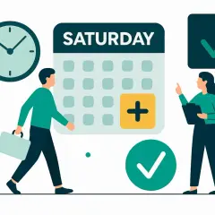 Ludzie planują pracę na sobotę. Kalendarz z napisem "SATURDAY" i plusikiem sugeruje, czy sobota to dzień roboczy.