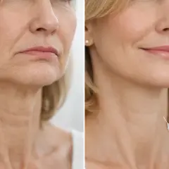 Före- och efterbilder visar en kvinna som får botox för att minska rynkor. Även om botox inte rekommenderas för gravida, kan det ge ett slätare utseende.