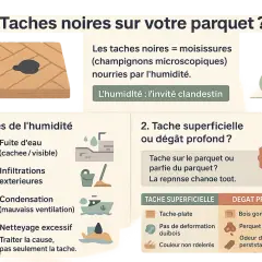 Illustration d'un parquet avec une tache noire, symbole de moisissures dues à l'humidité. Le bois noirci par l'humidité peut cacher des dégâts profonds.