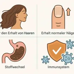 Biotinmangel Symptome: gesunde Haare, starke Nägel, guter Stoffwechsel & Immunsystem. Illustration zeigt Frau, Nagel, Magen, Schild mit Viren.