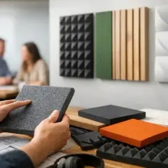 Mani che tengono un pannello fonoassorbente grigio, con altri campioni colorati e pannelli decorativi alle pareti.