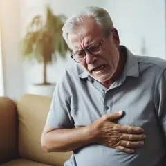 Älterer Mann mit schmerzverzerrtem Gesicht hält sich die Brust. Mögliche Herzinsuffizienz Symptome.