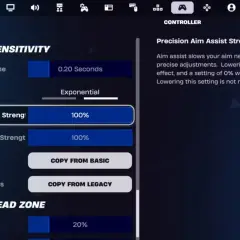 Ustawienia czułości w Fortnite: Precision Aim Assist Strength na 100%.