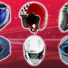 Seis cascos de moto de diferentes marcas, incluyendo Shark y Nolan, con diseños variados. Algunos son integrales, otros abiertos.