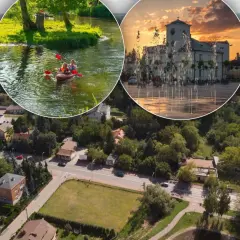 Urokliwe miasta obok Warszawy: kajaki na rzece i plac z fontannami o zachodzie słońca.