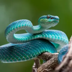 Serpiente verde azulada enroscada en una rama. Sus escamas brillan, como si fuera un sueño con serpientes.