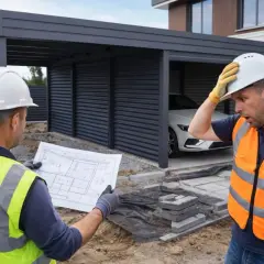 Dwóch budowlańców w kaskach i kamizelkach dyskutuje nad projektem. Jeden trzyma plany, drugi z niedowierzaniem łapie się za głowę. Obok stoi nowoczesna wiata, a w tle biały samochód. Może to problem z projektem porfiru?
