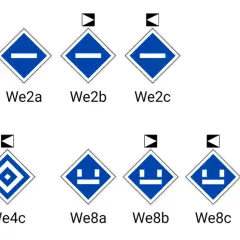 Kolejne znaki kolejowe: We1, We2a-c, We3a-b, We4a-c, We8a-c, We9a-b.