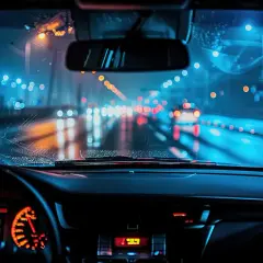 Widok z wnętrza samochodu nocą. Deszcz na szybie, światła miasta i samochodów tworzą rozmyty obraz, wymagający adaptacji oka.