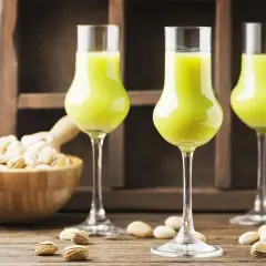 Zielony likier pistacjowy w kieliszkach, obok miseczki z pistacjami. Idealny przepis, jak zrobić wódkę ze spirytusu, by uzyskać taki smak.
