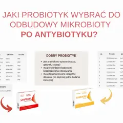 Jakie leki osłonowe przy antybiotyku wybrać do odbudowy mikrobioty? Tabela z probiotykami i prebiotykami, opakowania Sanprobi.