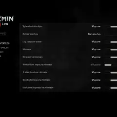 Menu Wiedźmin 3: Ustawienia interfejsu, skalowanie, grafika. Opcje dotyczące minimapy, w tym wiedźmińskie zmysły i podniesienie poziomu przeciwników.