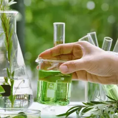 Badaczka analizuje zielony płyn w zlewce, badając naturalne składniki. To może być część procesu tworzenia produktów, o których przeczytasz w bingospa opinie.