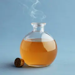 Botella de vidrio con vinagre de manzana y vapor saliendo. Descubre para qué es bueno el vinagre de manzana.