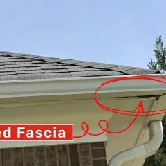Rotted fascia board circled in red, indicating a need for fascia board replacement.