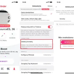 Ustawienia Tindera: blokowanie kontaktów. Możesz zaimportować kontakty lub dodać je ręcznie, by nie pokazywać profilu wybranym osobom.