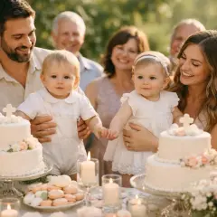 Joyeux baptême catholique pour ces adorables jumeaux, entourés de leur famille.